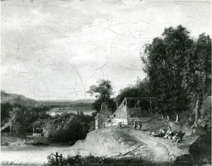 Woody Landscape with Buildings and Figures above a River by Edouard-Theophile Blanchard