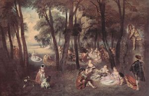 Fete galante in a Wooded Landscape by Jean-Antoine Watteau