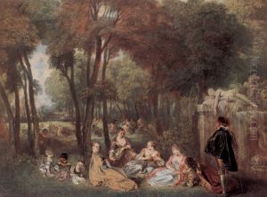 Elegant company in a parc by Jean-Antoine Watteau