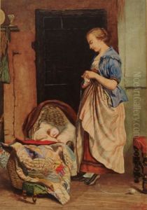 Vrouw bij de wieg by Jakob Smits