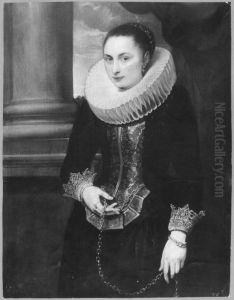 Portrait of a woman wearing a big ruff and standing with a gold chain in her hand by Sir Anthony Van Dyck