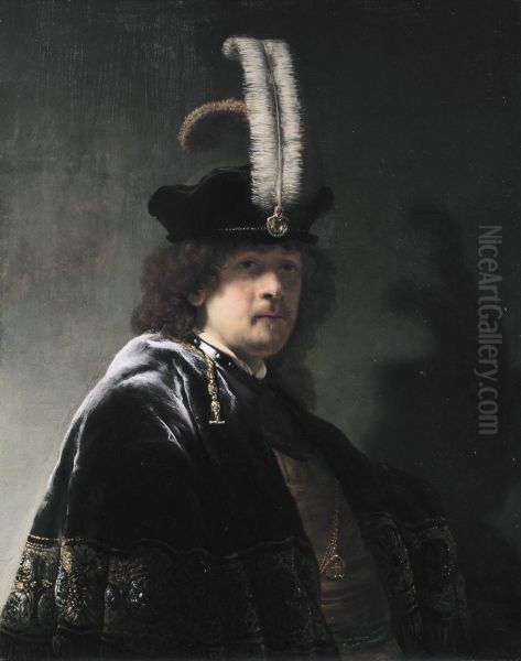 Self portrait wearing a white feathered bonnet - view 1