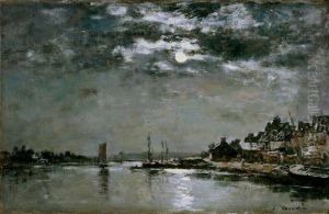 Moonlit Village Scene, Le Faou, Brittany by Eugene Louis Boudin