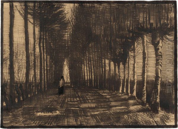 Avenue of Pollard Birches and Poplars / Lane with Trees and One Figure - view 1