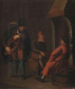 Two Menat A Fireplace With A Musician Playing Hurdy-gurdy. by Pieter Caspar Christ