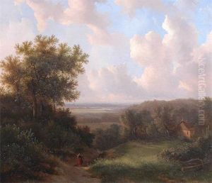 A Women With Her Dog On A Painting With Distant View. by Pieter Caspar Christ