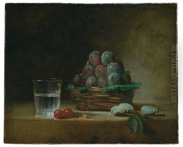 Panier de prunes, verre d'eau, cerises - view 1