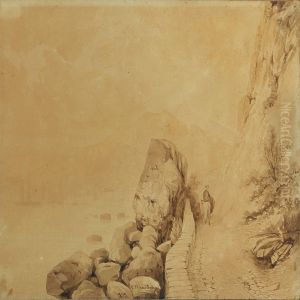 Southern European Mountain Landscape With A Woman Riddendeon A Donkey by Christian Ferdinand Christensen