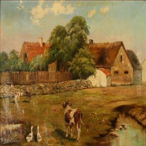 Grazing Cows Near A Farm