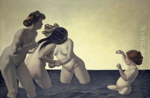 Trois femmes et une petite fille jouant dans l'eau by Felix Vallotton