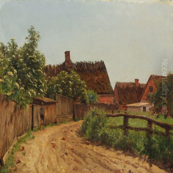 Villagescape With A Boy Walking Along A Gravel Road - view 1