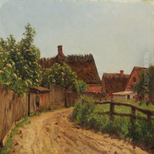 Villagescape With A Boy Walking Along A Gravel Road by Godfred B.W. Christensen