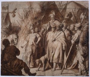 Mucius Scaevola thrusting his hand in the flames while standing before Porsenna by Jan Lievens