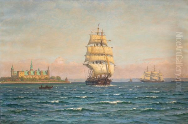 Sailing ships and a ferry off Kronborg. - view 1