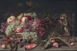 Stilleven met fruit in een mand, dode vogels en een aap by Clara Peeters