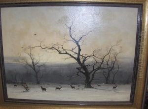 Deer In A Winter Landscape by Niels Christensen