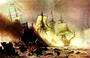 The ship "Svardet" explodes in the Naval Battle at Oland in 17676 by Christian Molsted