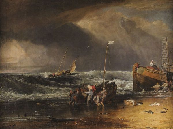 A Coast Scene with Fishermen Hauling a Boat Ashore - view 1