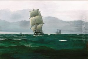 A frigate at sea in cloudy weather. by Emanuel Petersen