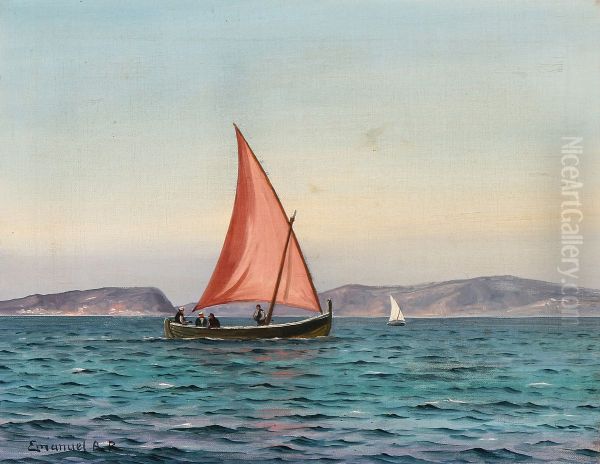 Fishermen in a dinghy off a rocky coast. - view 1