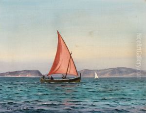 Fishermen in a dinghy off a rocky coast. by Emanuel Petersen