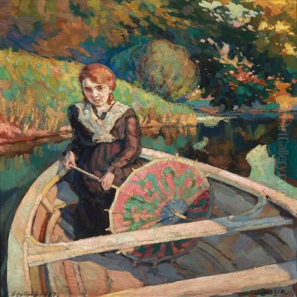 A Woman With An Umbrella In A Rowboat - view 1