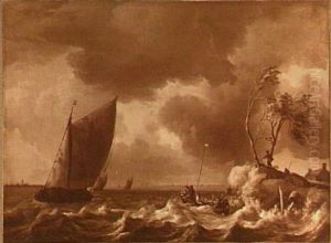 Zeilschepen voor Den Briel, rechts een klein bootje aan lager wal Zeilschepen voor Den Briel, rechts een klein bootje aan lager wal