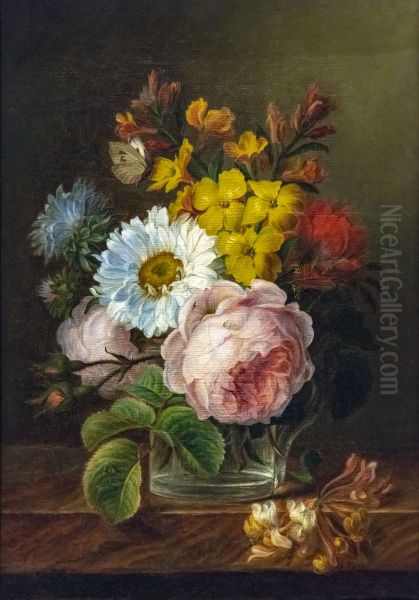 Bouquet of flowers in a glass of waterFrancais:Bouquet de fleurs dans un verre d'eauItaliano:Mazzo di fiori in un bicchiere d'acqua - view 1