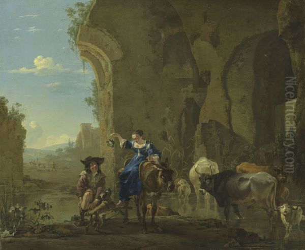 Italianate landscape with travellers by a stream with cattle - view 1