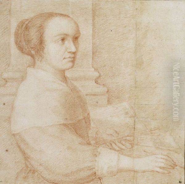 Portrait of Claudine Bouzonnet Stella, facing right, holding a brush and palette - view 1