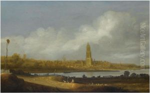 Extensive river landscape with a view of Rheen by Jan de Vos