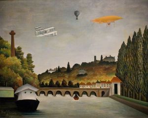 View of the Bridge in Sevres and the Hills of Clamart, Saint-Cloud and Bellevue with biplane, balloon and dirigible by Henri Julien Rousseau