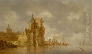 River landscape with a ruined river fortress