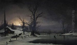 A Winter Scene With Figures Skating On A Frozen River by Nils Hans Christiansen