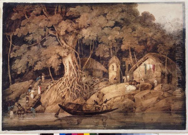 Indian river scene with men bathing - view 1