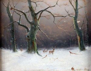 Deer In Winter Landscape by Nils Hans Christiansen