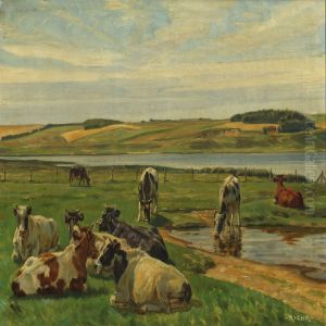Landscape With Cows By A Inlet by Rasmus Christiansen