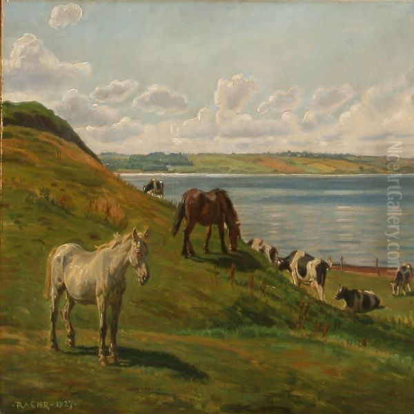 Summer Day With Grazing Horses And Cows By Hjarb k Loch - view 1