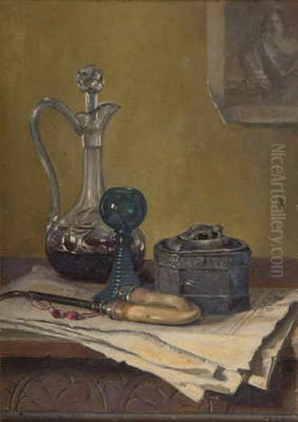 Still Life Of Newspaper , Pipe , Decanter And Jar - view 1