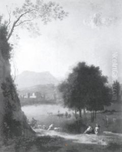 Italienskt flodlandskap med figurer by Karel Dujardin