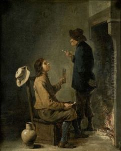 Two smoking peasants before a fireplace Two smoking peasants before a fireplace