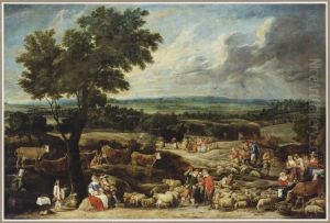 A livestock market in an extensive landscape with Antwerp in the distance