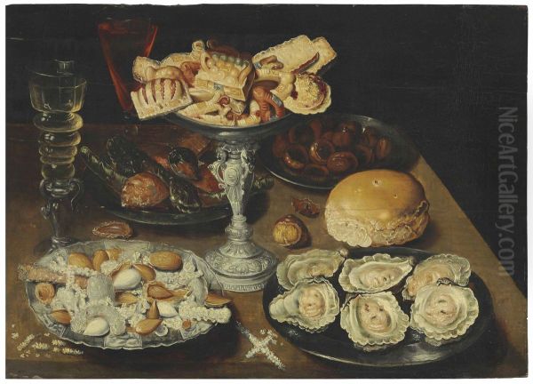 Oysters on a pewter plate with sweetmeats and biscuits in a silver tazza, chestnuts, nuts, and two facon-de-Venise wine glasses on a wooden table - view 1