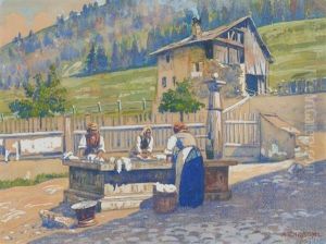 Washerwoman At The Village Well. by Anton Christoffel