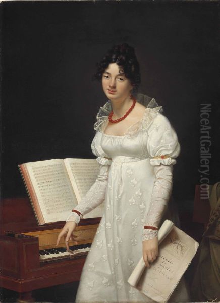 Portrait of a lady standing next to a piano forte holding a manuscript - view 1