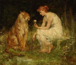 Seated Girl Presenting A Rose To A Tiger