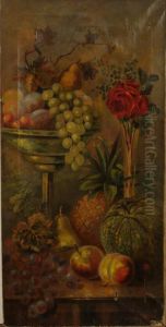A Still Life Of Fruit On A Stone Ledge With A Vase Of Redroses by Henry Church