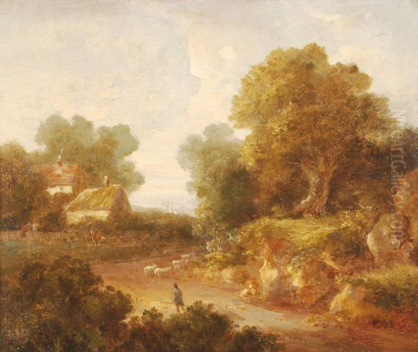 Sheep And Shepherd On A Country Lane - view 1