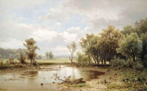 Blick In Eine Weite Sommerlandschaft, Im Mittelgrund Eine Rinderherde An Einem Gewasser