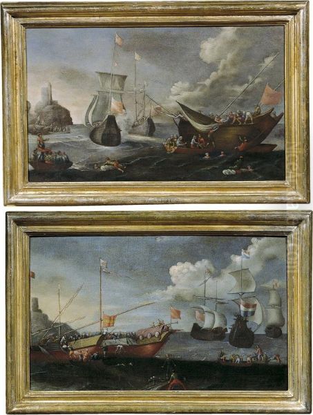 Lotto Unico Di Due Dipinti: <marina Con Battaglia> E - view 1
